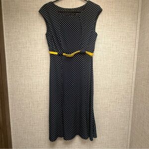 Connected Apparel Navy Polka Dot Dress with Yellow Belt | Size 8